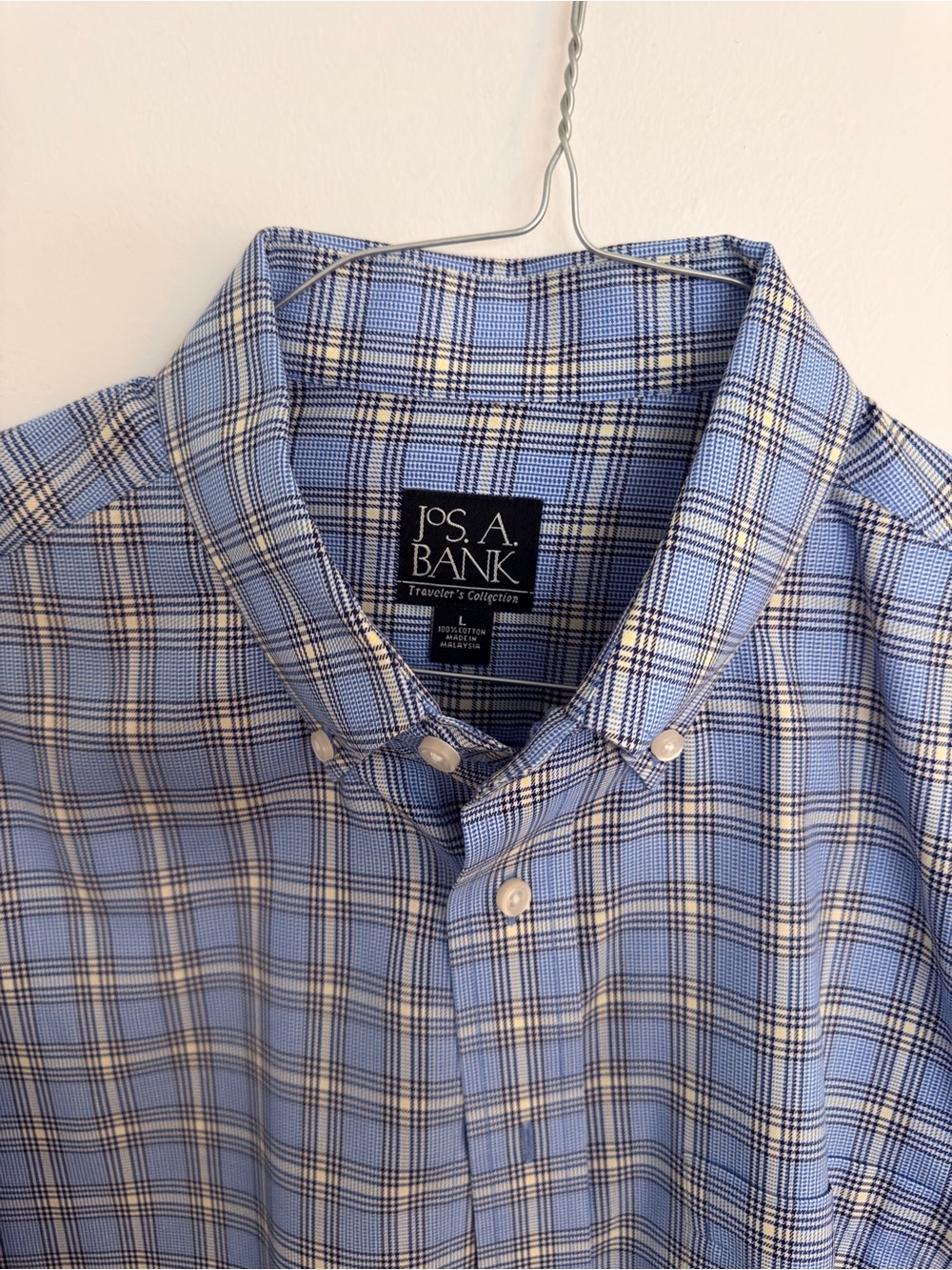 Jos. A. Bank Light Blue and White Plaid Button-Down Shirt (Large)